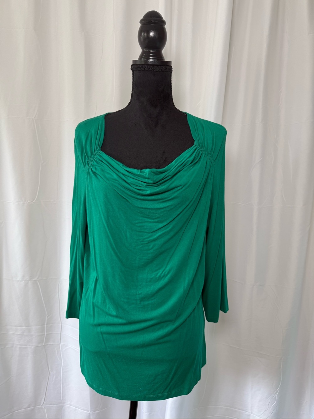 Jones New York Emerald Green Ruched Drape Neck Top 3/4 Sleeve Women's XL Classic